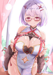 1girl bare_shoulders blush breasts china_dress chinese_clothes cleavage cleavage_cutout clothing_cutout commission detached_sleeves dress earrings glasses hair_ornament highres jewelry large_breasts looking_at_viewer navel navel_cutout no_panties pixiv_commission print_dress purple_hair red-framed_eyewear red_eyes short_hair smile solo wide_sleeves window x_hair_ornament xenon_(for_achieve)