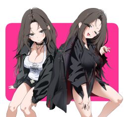 2girls absurdres black_choker black_jacket black_shirt black_shorts blood blood_on_clothes breasts brown_eyes brown_hair character_request chocolate choker cleavage collared_shirt commentary_request copyright_request food food_on_face head_tilt highres holding holding_chocolate holding_food invisible_chair jacket jacket_on_shoulders korean_commentary large_breasts long_hair long_sleeves looking_at_viewer multiple_girls naked_shirt open_clothes open_jacket open_mouth parted_bangs partially_unbuttoned shirt short_shorts shorts sitting smile tanghulu_(bbbb1123112) tank_top teeth upper_teeth_only white_tank_top