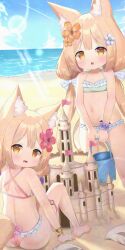 Rule 34 | 2girls, :d, adversarial noise, animal ear fluff, animal ears, bare arms, bare legs, bare shoulders, barefoot, beach, bikini, blonde hair, blue flower, blue sky, blush, bow, breasts, brown eyes, brown flower, bucket, chestnut mouth, cloud, commentary request, day, flower, fox ears, fox girl, fox tail, frilled bikini, frills, green bikini, hair bow, hair flower, hair ornament, highres, holding, holding bucket, horizon, knees up, long hair, looking at viewer, low twintails, multiple girls, ocean, open mouth, original, outdoors, pennant, pink bikini, pink flower, sand, sand castle, sand sculpture, siera (sieracitrus), sitting, sky, small breasts, smile, standing, swimsuit, tail, twintails, very long hair, water, white bow