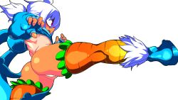 1girl ass boots commentary_request dokata_(hamanan_doboku_kougyou) flat_chest hentai_rabbit_hood kicking open_mouth original panties red_eyes shrug_(clothing) solo tan tanline thighhighs thong transparent_background underwear white_hair white_panties
