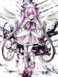 1girl absurdres aegyo_sal ai-chan_(love_angel_syndrome) arms_up bandaged_arm bandages blunt_bangs cable cardiogram_print closed_eyes distortion double-parted_bangs dress feathered_wings frilled_dress frills hair_ribbon halo hat highres holding holding_cable joints kneehighs knees_together_feet_apart layered_dress loose_wires love_angel_syndrome nurse_cap official_art partially_shaded_face pink_dress pink_hair pink_shoes ribbon robot_joints shoes smile socks solo twintails upper_body walking white_background white_socks white_wings winged_sleeves wings