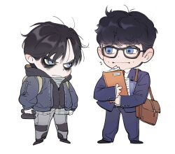 2boys :| bag batman_(series) black-framed_eyewear black_hair black_hood black_hoodie black_shoes blue_eyes blue_jacket blue_pants blue_suit brown_bag bruce_wayne buttoned_cuffs buttons cekrv9 clark_kent closed_mouth collared_shirt commentary dc_comics dot_nose english_commentary eye_contact flying_sweatdrops formal_clothes grey_pants highres holding holding_paper hood hoodie jacket layered_sleeves long_sleeves looking_at_another makeup male_focus multiple_boys necktie nervous_sweating pants paper parted_bangs red_necktie shirt shoes shoulder_bag side-by-side simple_background standing suit suit_jacket superman_(2025) superman_(series) sweat the_batman_(2022) unzipped white_background white_shirt wing_collar zipper