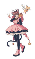 1girl aisikadan animal_ears arm_behind_back bell black_pantyhose black_shirt boots brown_hair card cardcaptor_sakura cat_ears cat_tail dress fake_animal_ears feathered_wings full_body fuuin_no_tsue highres holding holding_card kero_(cardcaptor_sakura) kinomoto_sakura kinomoto_sakura_(kitty) lace_trim light_smile pantyhose petticoat pink_boots pink_dress shirt simple_background standing standing_on_one_leg tail wings