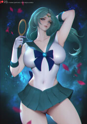 1girl aqua_eyes aqua_hair aqua_sailor_collar aqua_skirt armpits bishoujo_senshi_sailor_moon blue_bow blue_bowtie blue_eyes bow bowtie breasts brooch circlet covered_navel deep_aqua_mirror elbow_gloves gloves gluteal_fold highleg highres jewelry kaiou_michiru large_breasts lips long_hair multiple_girls sade_abyss sailor_collar sailor_neptune sailor_senshi_uniform skirt smile solo thick_thighs thighs white_gloves