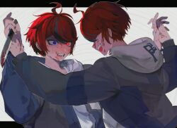 Rule 34 | 2boys, ahoge, black hair, blood, blood on face, blood on hands, bloody weapon, blue eyes, commentary, crying, crying with eyes open, drawstring, dual persona, glint, grey jacket, heterochromia, highres, holding, holding hands, holding knife, hood, hood down, hoodie, jacket, jacket over hoodie, knife, letterboxed, male focus, multicolored hair, multiple boys, open clothes, open jacket, open mouth, outline, outside border, red eyes, red hair, short hair, smile, spoilers, streaked hair, sumino takumi, suzumetarou, sweat, symbol-only commentary, tears, the hundred line -last defense academy-, two-tone hair, weapon, white background, white hoodie, white outline