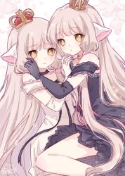 2girls animal_ears black_dress black_gloves black_ribbon blonde_hair blush chii chobits choker commentary crown dress elbow_gloves freya_(chobits) gloves hair_tubes highres long_hair looking_at_viewer multiple_girls persocom_(chobits) pink_ribbon ribbon robot_ears siblings sisters sitting sitting_on_person spoilers very_long_hair white_dress white_gloves yellow_eyes yukomeow