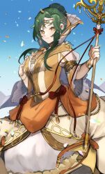1girl blue_sky breasts circlet closed_mouth commentary_request elincia_ridell_crimea elincia_ridell_crimea_(devoted_queen) fire_emblem fire_emblem:_radiant_dawn fire_emblem_heroes green_hair hand_on_own_chest highres holding holding_staff jewelry long_hair looking_at_viewer medium_breasts nintendo official_alternate_costume outdoors petals seinikuten sky smile solo staff twitter_username yellow_eyes