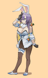 1girl absurdres animal_ear_fluff animal_ears bare_shoulders black_gloves black_leotard black_pantyhose blonde_hair blue_ribbon breasts carrot carrot_hair_ornament carrot_in_pocket cleavage closed_mouth coat coat_dress colored_inner_hair colored_shoe_soles cosplay detached_sleeves don-chan_(usada_pekora) dress food-themed_hair_ornament frilled_thigh_strap full_body fur-trimmed_coat fur-trimmed_gloves fur_scarf fur_trim gloves hair_ornament hand_up highres hololive hololive_indonesia large_breasts leotard leotard_under_clothes long_hair mary_janes moona_hoshinova multicolored_hair pantyhose playboy_bunny puffy_short_sleeves puffy_sleeves purple_hair rabbit_ears rabbit_girl ribbon scarf shoes short_sleeves smile solo standing strapless strapless_leotard sweetcassava thigh_strap usada_pekora usada_pekora_(1st_costume) usada_pekora_(cosplay) v virtual_youtuber white_coat white_garter white_scarf white_shoes white_sleeves yellow_background