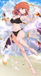 1girl armor bare_legs barefoot battle_damage black_bra black_panties bra breasts breath broken_armor celica_(fire_emblem) cleavage earrings fire_emblem fire_emblem_echoes:_shadows_of_valentia holding holding_sword holding_weapon jewelry long_hair medium_breasts navel nintendo panties parted_lips princess red_eyes red_hair ryona sword tiara torn_clothes underwear weapon yuuri_(orz_commushows)