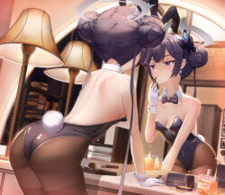1girl alternate_costume animal_ears applying_makeup applying_own_makeup ass back bar_(place) bare_shoulders black_bow black_gloves black_hair black_leotard black_pantyhose blue_archive blush bow bowtie breasts brown_pantyhose cleavage closed_mouth cosmetics cup detached_collar double_bun drinking_glass earrings fake_animal_ears fake_tail from_behind gloves grey_eyes gyeonyu_art hair_bun hair_ornament halo highleg highleg_leotard highres indoors jewelry kisaki_(blue_archive) lamp leaning_forward leotard lipstick lipstick_tube loli long_hair looking_at_viewer makeup mirror multiple_girls pantyhose playboy_bunny purple_hair rabbit_ears rabbit_tail reflection small_breasts solo strapless strapless_leotard table tail thighband_pantyhose twintails white_gloves window wrist_cuffs