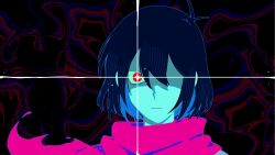 1boy antenna_hair aqua_skin black_background blue_hair british_shorthair closed_mouth colored_skin commentary deltarune english_commentary firemauer glowing glowing_eye hair_between_eyes highres kris_(deltarune) looking_at_viewer partially_shaded_face pink_scarf portrait red_eyes scarf solo sparkle