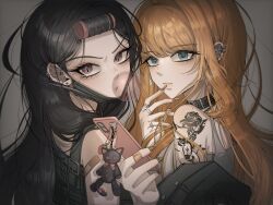 2girls arm_tattoo bandages be_salty02 black_choker black_hair black_jacket black_mask blowing_bubble_gum blue_eyes cellphone chewing_gum choker dokgo_hyeji doll ear_piercing earrings hair_rollers highres holding holding_phone jacket jewelry long_hair looking_at_viewer mask mask_pull mouth_mask multiple_girls orange_hair phone piercing pink_eyes ring secretto_(waktaverse) tattoo upper_body waktaverse