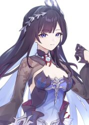 1girl black_hair blue_hair breasts cleavage colored_inner_hair dress earrings hair_ornament hashtag-only_commentary highres honkai:_star_rail honkai_(series) hysilens_(honkai:_star_rail) jewelry large_breasts long_hair looking_at_viewer multicolored_hair necklace pearl_necklace purple_dress purple_eyes shrug_(clothing) simple_background solo suwa_(swk_kkk) two-tone_hair white_background