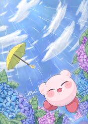 :d airi_chiffon blue_flower blue_sky blush_stickers closed_eyes cloud commentary_request day flower full_body highres hydrangea kirby kirby_(series) leaf nintendo no_humans open_mouth outdoors pink_flower purple_flower rain signature sky smile solo umbrella yellow_umbrella