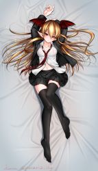 10s 1girl alternate_costume arms_up bad_id bad_pixiv_id bat_wings bed_sheet black_jacket black_skirt black_thighhighs blonde_hair breast_pocket breasts cleavage closed_mouth collarbone collared_shirt commentary_request dress_shirt expressionless female_focus formal_clothes from_above full_body granblue_fantasy hair_between_eyes head_wings highres jacket long_hair long_sleeves looking_at_viewer loose_necktie lying medium_breasts medium_skirt navel necktie on_back open_clothes open_jacket partially_unbuttoned plaid_clothes plaid_necktie plaid_neckwear pleated_skirt pocket pointy_ears red_eyes red_necktie red_wings shadowverse shingeki_no_bahamut shirt signature skirt solo suit thighhighs twitter_username vampy white_shirt wing_collar wings yuitanpo
