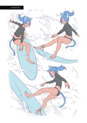 1girl absurdres animal_ears balancing black_panties black_shirt blue_eyes blue_hair cat_ears cat_tail full_body hands_up highres kemono_kinetic long_hair mogumo panties ponytail shirt simple_background splatter surfboard surfing tail tight_clothes tight_shirt underwear v-shaped_eyebrows waves white_background