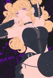 1girl amane_misa arm_behind_back armpits belt belt_collar black_belt black_collar black_corset black_skirt black_sleeves black_thighhighs blonde_hair blunt_bangs blush breasts bright_pupils chain chain_necklace cleavage collar commentary copyright_name corset cowboy_shot cross cross-laced_clothes cross-laced_legwear cross-laced_sleeves cross_earrings cross_necklace death_note detached_sleeves earrings elliemaplefox english_text eyelashes finger_in_own_mouth goth_fashion highres jewelry long_hair looking_at_viewer medium_breasts necklace pink_eyes pink_lips pink_nails sidelocks skirt solo symbol-only_commentary thick_thighs thighhighs thighs white_pupils