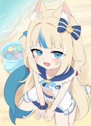 1girl absurdres ahoge animal_ear_fluff animal_ears blue_eyes blue_hair breasts dress fins fish_girl fish_tail frilled_shirt_collar frills highres indie_virtual_youtuber long_hair looking_at_viewer low_twintails midriff multicolored_hair navel open_clothes open_dress open_mouth sameko_saba scrunchie small_breasts snmdx streaked_hair striped_clothes tail twintails very_long_hair virtual_youtuber wrist_scrunchie