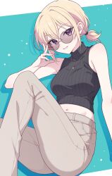 Rule 34 | 1girl, bang dream!, bang dream! it&#039;s mygo!!!!!, black sweater, blonde hair, breasts, brown pants, commentary, cropped sweater, e20, hair between eyes, highres, looking at viewer, medium breasts, misumi uika, navel, open mouth, pants, ponytail, purple eyes, short ponytail, sleeveless, sleeveless sweater, solo, stomach, sunglasses, sweater