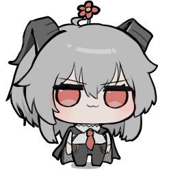 Rule 34 | 1girl, :3, big head, black horns, black jacket, black pants, chibi, chibi only, closed mouth, commentary, curled horns, english commentary, flower, flower on head, grey hair, highres, horns, jacket, jacket on shoulders, looking at viewer, necktie, pants, red eyes, red necktie, shirt, solo, v-shaped eyebrows, wawamachi, white shirt, wuthering waves, zani (wuthering waves)