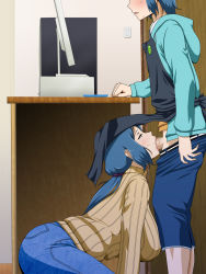 1girl :&gt;= apron aqua_eyes ass blue_eyes blue_hair blush breasts censored computer denim fellatio gundam gundam_build_fighters haro_button_badge highres huge_breasts incest indoors iori_rinko iori_sei jeans kneeling legs long_hair long_sleeves mature_female mosaic_censoring mother_and_son oral pants parted_lips penis ponytail standing sweater table thighs turtleneck turtleneck_sweater under_table vermilion