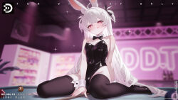 1girl :3 :q animal_ears ball bare_shoulders billiard_ball black_leotard black_pantyhose black_shoes bow bowtie collar covered_navel detached_collar dinyc fake_animal_ears hair_ornament heart heart-shaped_pupils highres leotard long_hair looking_at_viewer original pantyhose pink_eyes playboy_bunny pool_table rabbit_ears rabbit_hair_ornament shoes solo sparkle strapless strapless_leotard symbol-shaped_pupils table tongue tongue_out very_long_hair white_collar white_hair wrist_cuffs