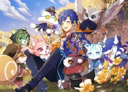 1boy :d absurdres anemone_(flower) animal apolleon aqua_eyes arecos astel_leda bear beret bird black_footwear black_jacket blonde_hair blue_flower blue_hair blue_headwear blue_jacket blue_pants blue_ribbon blush bouquet brown_cloak brown_headwear cloak clothed_animal creature flower flower_request fox full_body fur-trimmed_jacket fur_trim gerbera happy hat highres holding holding_bouquet holding_flower holostars hood hood_up horns isal_(lasi) ivy jacket juke_(astel_leda) knees_up knoll_(astel_leda) leaf lily_of_the_valley lion looking_at_another looking_at_viewer male_focus merck_(astel_leda) multicolored_hair on_grass open_mouth orange_flower orange_jacket owl pants peaked_cap phruity plant poruneu purple_flower red_flower ribbon rope shark shimenawa short_hair sitting smile squirrel star_animals streaked_hair stridon swept_bangs teeth tiger tree upper_teeth_only uratty virtual_youtuber white_flower yellow_flower
