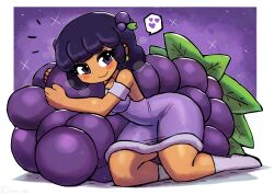 1girl absurdres blush breasts dark_skin dress earrings food food-themed_hair_ornament fruit grape_hair_ornament grapes hair_ornament heart highres hugging_object jewelry kneeling looking_at_viewer medium_breasts off-shoulder_dress off_shoulder original oversized_food oversized_object personification purple_background purple_dress purple_eyes purple_hair purple_socks short_hair sleeveless sleeveless_dress smile socks sparkle speech_bubble spoken_heart thick_thighs thighs tony_welt uva_(tony_welt) wide_hips