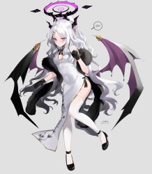 1girl absurdres ahoge ass bare_arms bare_shoulders black_gloves black_shawl black_shoes blue_archive blush braid china_dress chinese_clothes closed_mouth commentary covered_navel demon_girl demon_horns demon_wings dress forehead fur_shawl gloves hair_ornament hairclip halo highres hina_(blue_archive) horns leg_lift leg_up long_hair meng_ziya navel ponytail purple_eyes shadow shawl shoes simple_background sleeveless solo sweat thighhighs thighs white_hair wings