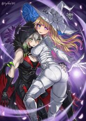 2girls 41_(chvinyau) absurdres ass bare_shoulders black_dress black_hood blonde_hair blue_eyes bodysuit breasts closed_mouth cowboy_shot diabellstar_the_black_witch diabellze_the_original_sinkeeper dress duel_monster green_eyes green_hair grey_eyes heterochromia highres hood hood_up large_breasts long_hair multicolored_hair multiple_girls muscular muscular_female purple_eyes purple_hair red_hair short_hair twitter_username two-tone_hair white_bodysuit yu-gi-oh! yuri