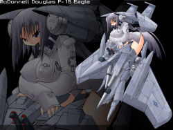 1girl aircraft airplane breasts f-15 f-15_eagle female_focus frown jet large_breasts long_hair mecha_musume military no_bra original panties pantyshot solo underwear white_panties yone88 yonezuka_ryou zoom_layer