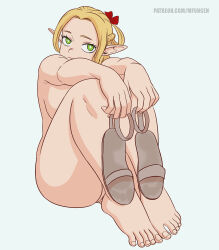 1girl absurdres artist_name ass blonde_hair breast_press breasts disgust dungeon_meshi eyelashes feet feet_together female_focus fingernails foot_focus footprints forehead full_body green_eyes hair_ornament highres holding_footwear holding_unworn_clothes knees_to_chest knees_up large_breasts legs legs_together long_hair looking_at_viewer marcille_donato mf_uncen official_alternate_hairstyle outstretched_arms pointy_ears pussy pussy_peek sandals serious sidelocks simple_background sitting thighs toenails toes unworn_sandals