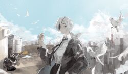 1girl bird black_coat black_eyes black_necktie chainsaw_man cigarette cityscape cloud coat collared_shirt commentary condenser_unit dove english_commentary eyepatch highres holding holding_cigarette looking_at_viewer necktie on_roof ponytail quanxi_(chainsaw_man) rooftop shirt shirt_tucked_in sky solo tokyo_tower trash_bag upper_body white_hair white_shirt zlingling_(linggx2_0)