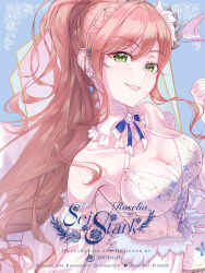 2girls :3 bang_dream! blue_background blue_ribbon breasts cleavage commentary corset detached_sleeves dress earrings green_eyes hairband half_updo highres holding_hands imai_lisa interlocked_fingers jewelry large_breasts long_hair looking_at_viewer minato_yukina multiple_girls open_mouth ribbon sidelocks white_brooch white_corset white_dress white_ribbon yue_mao_(yukinihime)