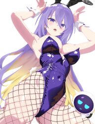 Rule 34 | 1girl, absurdres, animal ears, bare shoulders, black leotard, blush, breasts, earrings, fake animal ears, fake tail, fill0llif, fishnet pantyhose, fishnets, highleg, highleg leotard, highres, hololive, hololive indonesia, jewelry, large breasts, leotard, long hair, moona hoshinova, pantyhose, playboy bunny, purple eyes, purple hair, rabbit ears, rabbit tail, simple background, solo focus, strapless, strapless leotard, tail, virtual youtuber, white background