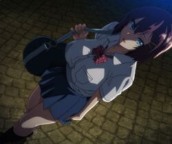 1girl akane_wa_tsumare_somerareru bag blue_eyes blue_skirt breasts duffel_bag hair_between_eyes huge_breasts nanao_akane school_uniform short_hair skirt source_request tagme