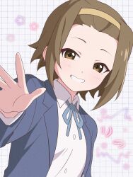 Rule 34 | 1girl, blue jacket, blue ribbon, blush, brown eyes, brown hair, character name, collared shirt, grid background, grin, hairband, hand up, highres, jacket, k-on!, long sleeves, looking at viewer, neck ribbon, niyane, open clothes, open jacket, parted lips, ribbon, sakuragaoka high school uniform, school uniform, shirt, short hair, smile, solo, star (symbol), tainaka ritsu, upper body, white background, white shirt, yellow hairband