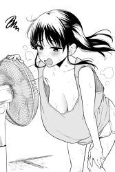 1girl baggy_clothes bare_arms blush breasts dolphin_shorts electric_fan feet_out_of_frame floating_hair furrowed_brow greyscale hand_on_own_knee hanging_breasts highres hot large_breasts leaning_forward monochrome nagachichi_chika_idol-chan_(yue_(show-ei)) no_bra open_mouth original oversized_clothes oversized_shirt shirt shorts sleeveless sleeveless_shirt solo squiggle steam sweat tatami twintails yue_(show-ei)