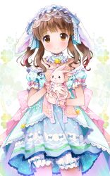Rule 34 | 1girl, alternate costume, bloomers, bonnet, breasts, brown eyes, brown hair, closed mouth, clover, collarbone, commentary request, dress, four-leaf clover, highres, idolmaster, idolmaster cinderella girls, idolmaster cinderella girls starlight stage, looking at viewer, medium hair, michii yuuki, ogata chieri, rabbit, short twintails, simple background, small breasts, smile, solo, twintails, underwear, white background