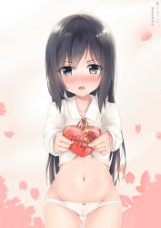 Rule 34 | 1girl, absurdres, asashio (kancolle), black hair, blue eyes, blush, bow, bow panties, box, cameltoe, chestnut mouth, collared shirt, cowboy shot, female focus, gift, gift box, happy valentine, heart, heart-shaped box, heart-shaped pupils, highres, holding, holding gift, kantai collection, kuriko, long hair, long sleeves, looking at viewer, navel, neck ribbon, nose blush, outstretched arms, panties, petals, red ribbon, ribbon, round teeth, shirt, solo, standing, stomach, symbol-shaped pupils, teeth, thigh gap, thighs, underwear, v-shaped eyebrows, white panties, white shirt, wing collar