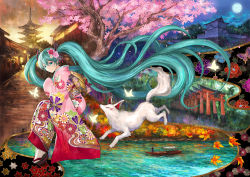 Rule 34 | 1girl, animal print, aqua eyes, aqua hair, architecture, autumn leaves, boat, bug, butterfly, butterfly print, cherry blossoms, collage, east asian architecture, female focus, floral print, flower, fox, from side, full moon, glowing butterfly, hair flower, hair ornament, hatsune miku, highres, inari, insect, japanese clothes, kimono, leaf, long hair, looking to the side, maple leaf, moon, multiple torii, outdoors, pink kimono, river, sandals, socks, solo, temple, torii, tree, twintails, uanuan, very long hair, vocaloid, watercraft, wide shot, yasaka pagoda