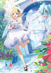 1girl absurdres aoki_ume black_shoes blonde_hair blue_eyes blue_flower dress eshi_100_nin_ten falling_petals feathered_wings flower flower_pot full_body hair_flower hair_ornament halo highres holding holding_umbrella leg_up looking_at_viewer mary_janes open_mouth petals plant potted_plant red_flower scan shoes short_hair solo standing standing_on_one_leg third-party_source transparent transparent_umbrella umbrella white_dress white_wings wings