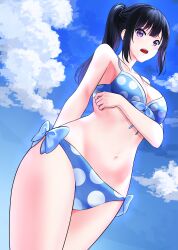 1girl absurdres arm_behind_back arm_under_breasts bikini black_hair blue_bikini breasts cleavage collarbone commentary day from_below front-tie_bikini_top front-tie_top hibike!_euphonium high_ponytail highres kousaka_reina large_breasts myjiq navel open_mouth polka_dot polka_dot_bikini ponytail print_bikini purple_eyes side-tie_bikini_bottom sky solo swimsuit thighs