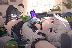 1girl ardenlolo black_choker black_gloves black_nails black_sailor_collar black_thighhighs blush breasts cellphone character_name choker cleavage crop_top cropped_shirt curtains demon_girl demon_tail drawing_(object) fang fingerless_gloves gloves grey_eyes grey_hair holding holding_phone indie_virtual_youtuber long_hair looking_at_viewer medium_breasts nail_polish pepe_the_frog phone picture_frame pointy_ears sailor_collar school_uniform serafuku shirt skin_fang smile tail thighhighs vei_(vtuber) vei_(vtuber)_(11th_costume) virtual_youtuber white_serafuku white_shirt window