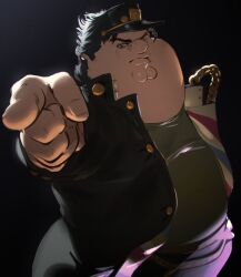 1boy belt black_background black_coat black_hair black_hat blue_eyes chain cleft_chin closed_mouth coat commentary cosplay cowboy_shot family_guy fat fat_man foreshortening gakuran gold_chain gradient_background green_shirt hat jojo_no_kimyou_na_bouken jojo_pose kowai_(iamkowai) kujo_jotaro_(cosplay) kuujou_joutarou long_coat long_sleeves looking_at_viewer male_focus multiple_belts open_clothes open_coat peaked_cap peter_griffin pointing pointing_at_viewer school_uniform shirt short_hair simple_background solo stardust_crusaders