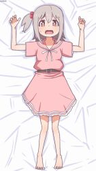 Rule 34 | 1boy, artist name, bambi2000line, bare legs, barefoot, bed sheet, belt, brown eyes, commentary, crossdressing, crossdressing (mtf), d:, dress, frilled dress, frills, full body, grey hair, hair between eyes, hair bobbles, hair ornament, hands up, highres, looking at viewer, lying, male focus, on back, one side up, onii-chan wa oshimai!, open mouth, pink dress, sailor dress, senkawa minato, short hair, short sleeves, solo, trap