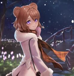 1girl 2024 animal_ears bear_ears bear_girl bridge brown_hair curly_hair danceagainart freckles indie_virtual_youtuber jacket looking_back miruku_kumazuki night pink_jacket purple_eyes scarf short_hair solo stars