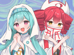 2girls :d blush green_hair hair_between_eyes hat hatsune_miku highres japanese_clothes kasane_teto long_hair looking_at_viewer mokoinu_(pixiv_27216243) multiple_girls open_mouth pink_eyes praying red_hair short_hair smile tongue twintails upper_body vocaloid yellow_eyes