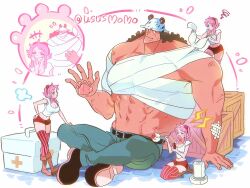+++ 1boy 1girl abs animal_ears bandaged_torso bandaid bandaid_on_arm bartholomew_kuma bear_ears belt boots chopsticks couple crop_top curly_hair full_body ginny_(one_piece) hat holding holding_chopsticks indian_style one_piece pink_hair sidelocks sitting smile squiggle thighhighs topless_male twitter_username ususmomo