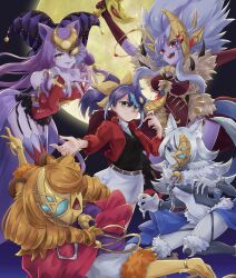 Rule 34 | bare shoulders, black shirt, blue hair, brown hair, character request, colored skin, crescent, drill hair, duel monster, full moon, green eyes, grey hair, grey skin, group picture, half mask, high ponytail, highres, jacket, leotard, long hair, lunalight gold leo, lunalight liger dancer, lunalight perfume dancer, lunalight silver hound, mask, moon, night, ponytail, purple skin, red jacket, red leotard, risacan6627, serena (yu-gi-oh!), shirt, skirt, spiked hair, twin drills, very long hair, white skirt, yellow skin, yu-gi-oh!, yu-gi-oh! arc-v